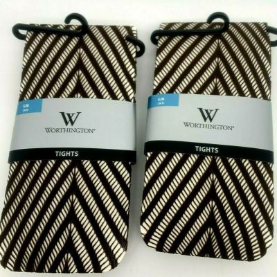 2 pr Worthington Tights Chevron Openwork Pattern-S/M, M/L- Black, Chocolate